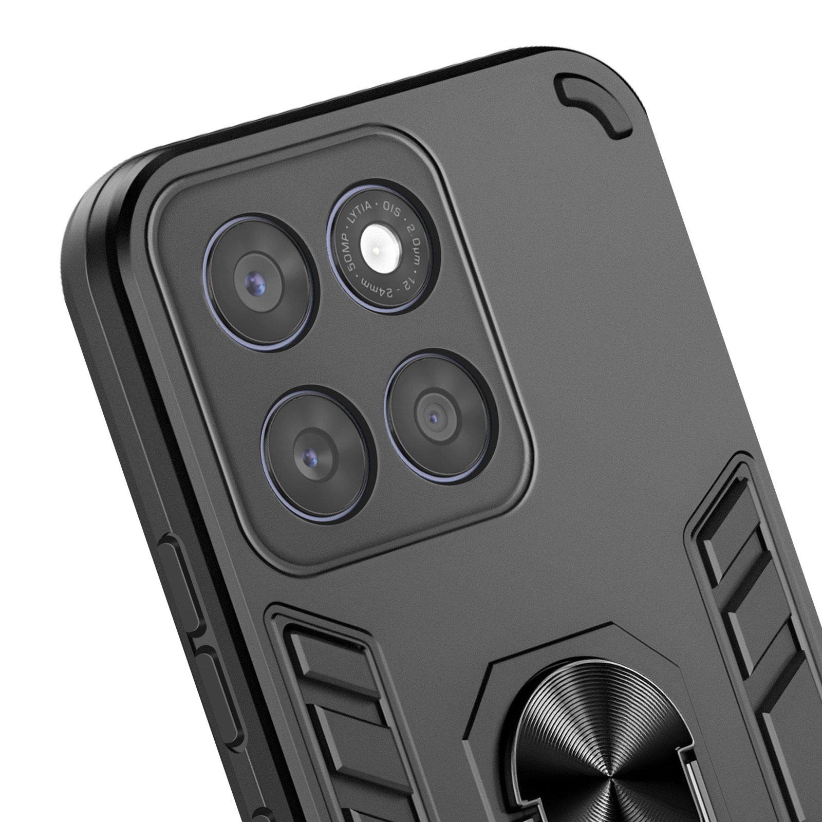 Coque de téléphone noire avec objectifs d'appareil photo, un support de bague et un design texturé. La coque est inclinée.