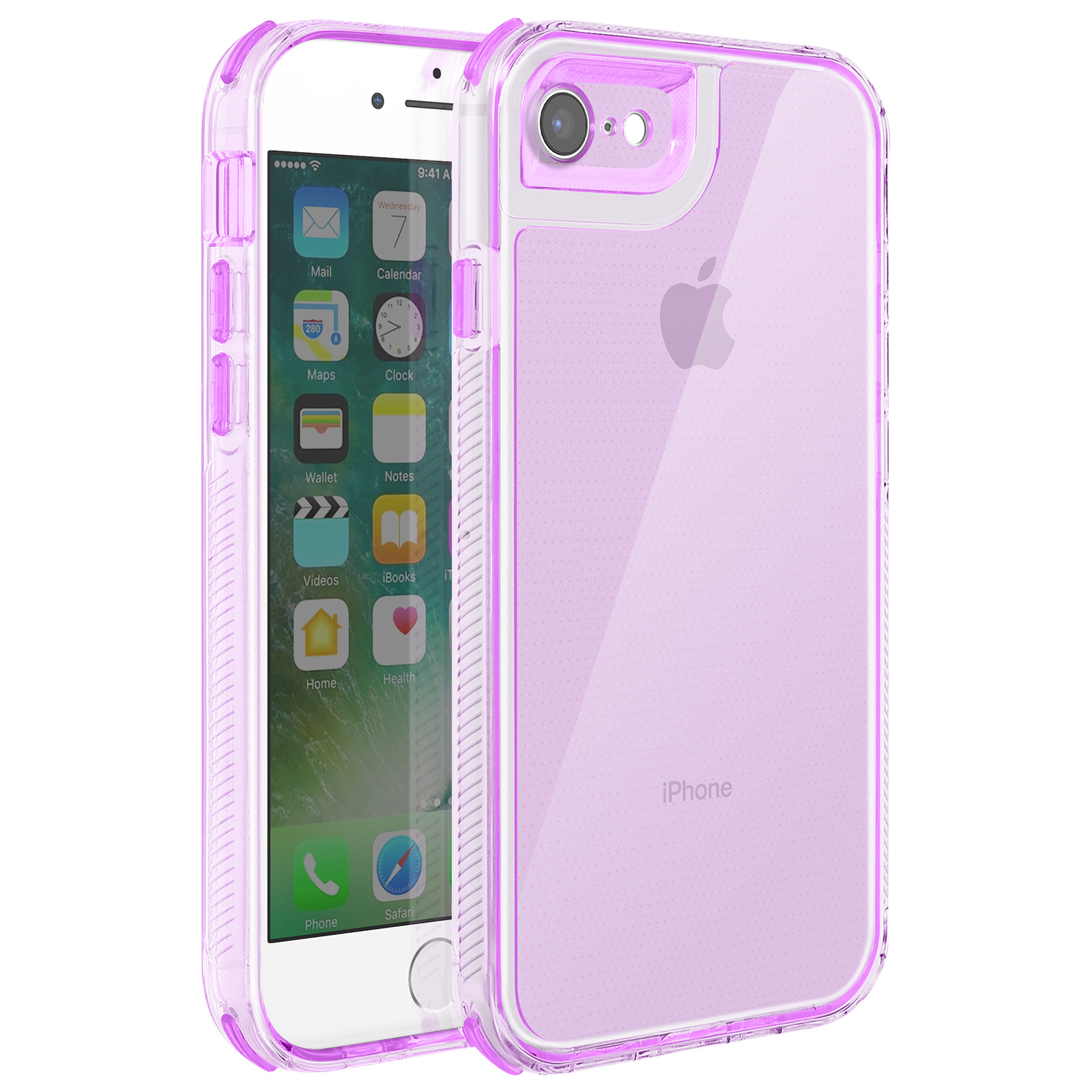Un iPhone in una custodia rosa trasparente. Lo schermo mostra le icone delle app. La custodia ha un bordo rosa.