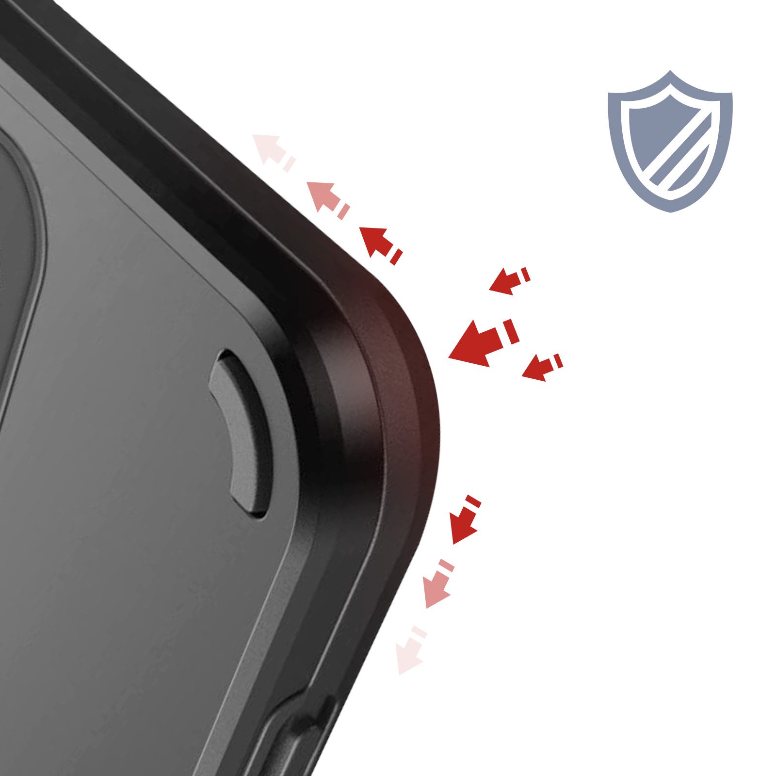 Coin d'étui de téléphone noir avec des flèches rouges indiquant une protection contre les chocs. Logo de bouclier gris en arrière-plan.