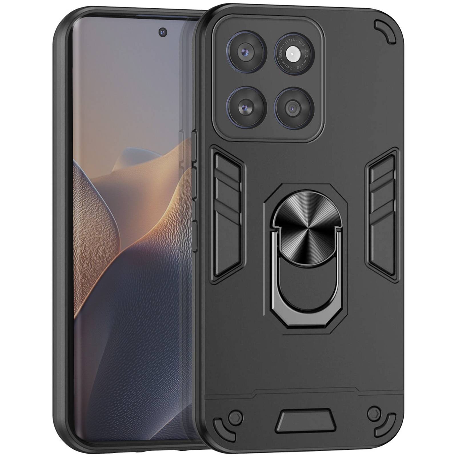 Coque de téléphone noire avec un téléphone à l'intérieur. L'étui a un support de bague et des découpes pour l'appareil photo.