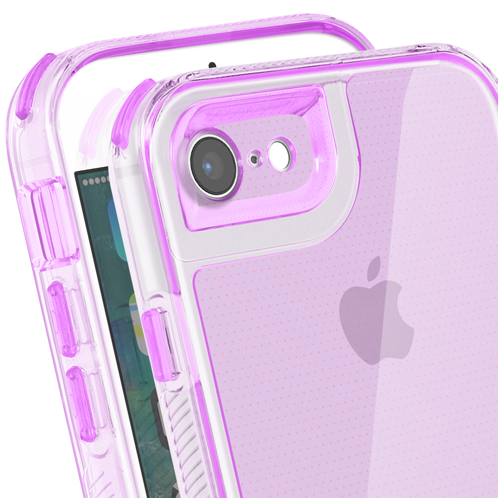 Primo piano di un telefono in una custodia trasparente e viola. Il logo Apple è visibile. Il telefono è leggermente aperto.
