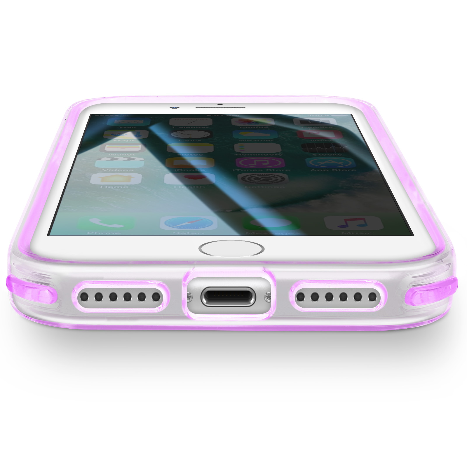 Un iPhone in una custodia trasparente con bordi rosa. Lo schermo mostra icone di app. Il telefono è su una superficie bianca.