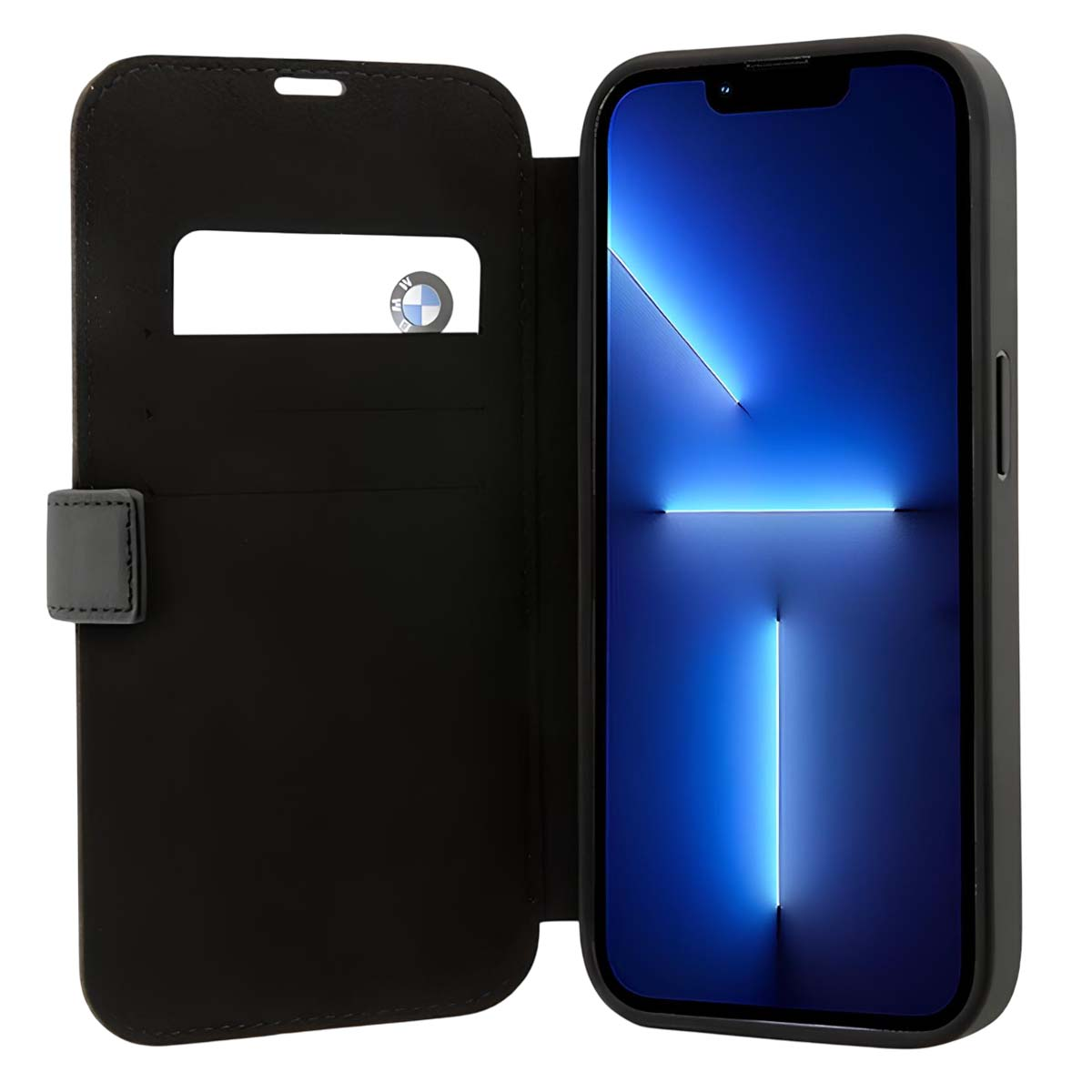 Custodia nera per telefono con schermo blu. La custodia ha il logo BMW e uno slot per schede. Il telefono è aperto e rivolto verso lo spettatore.