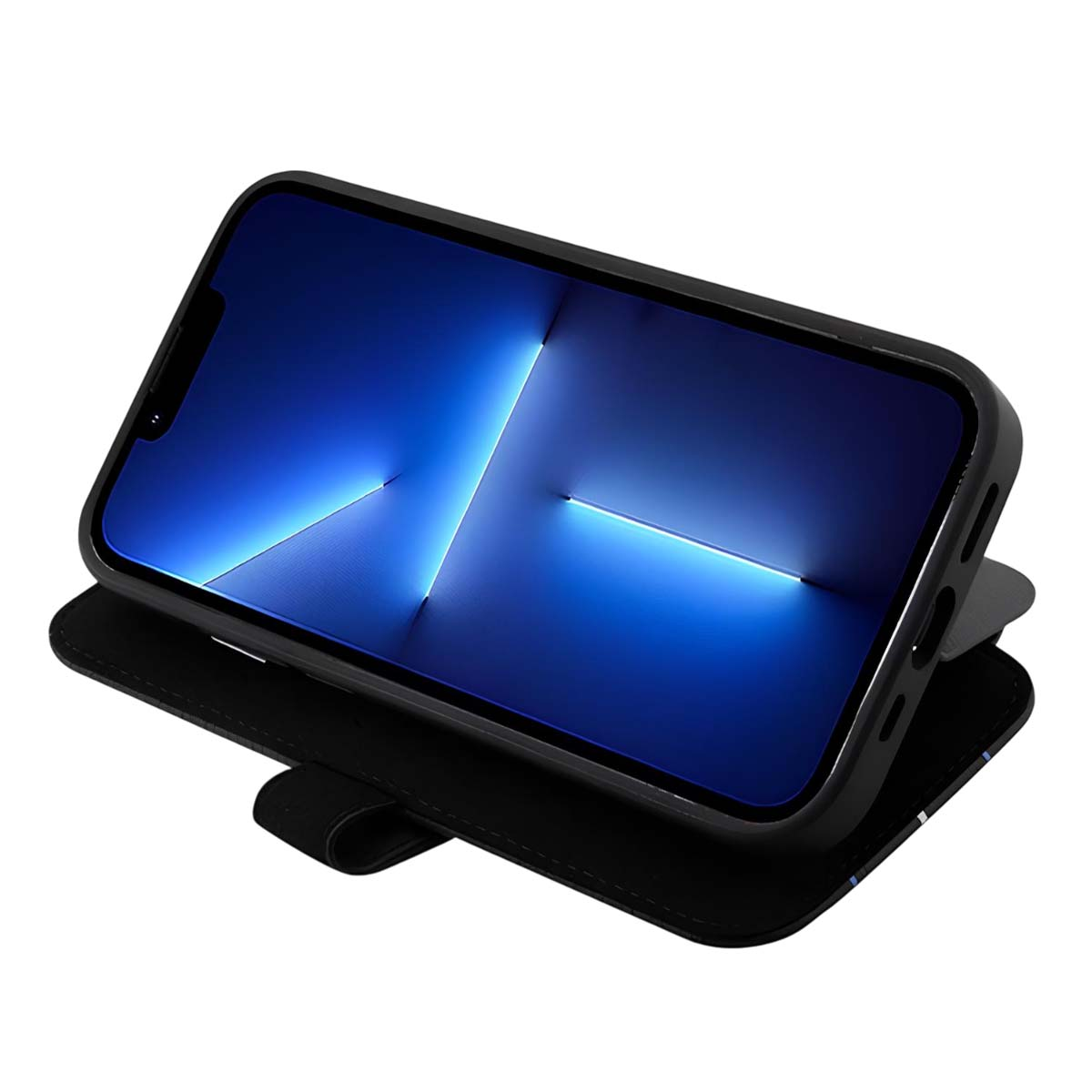 Uno smartphone nero in una custodia a portafoglio, lo schermo mostra una sfumatura blu con linee bianche. La custodia è aperta.