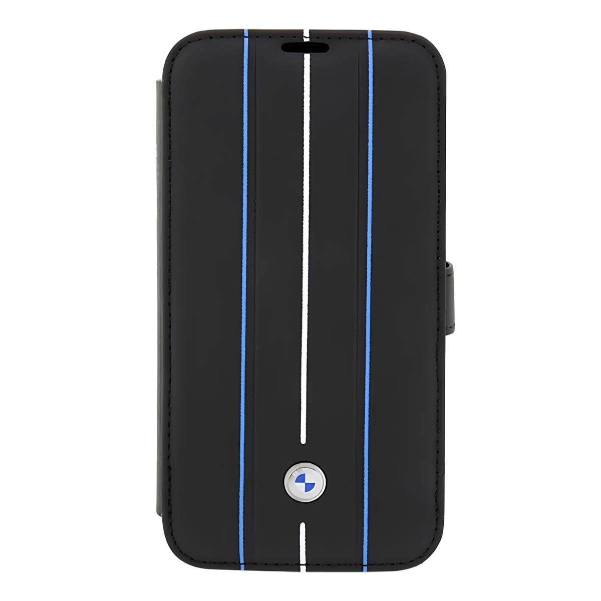 Custodia per telefono nera con strisce bianche e blu. Logo BMW in basso. La custodia è chiusa.