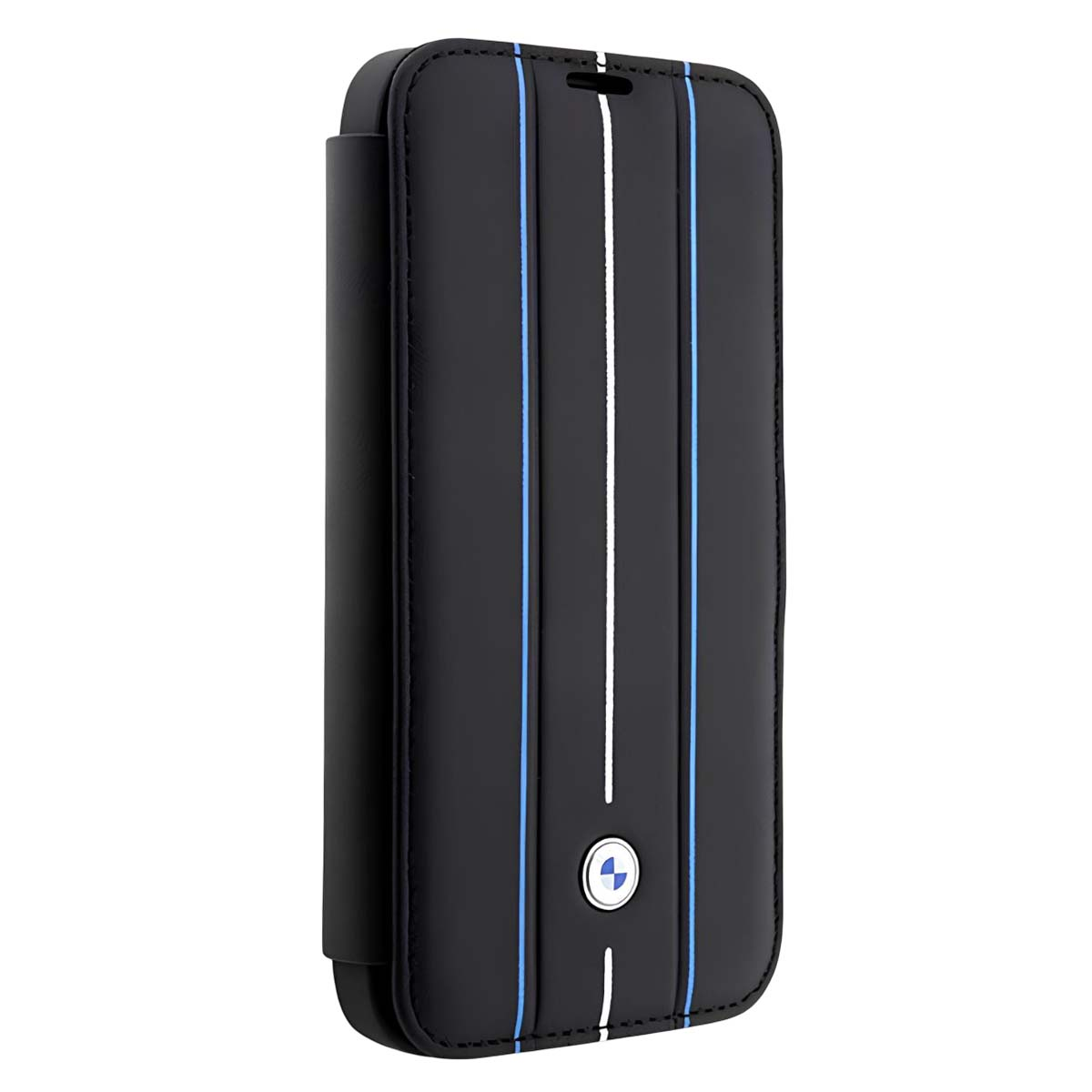 Custodia per telefono nera con strisce bianche e blu. Ha un logo BMW in basso e una piccola apertura in alto.