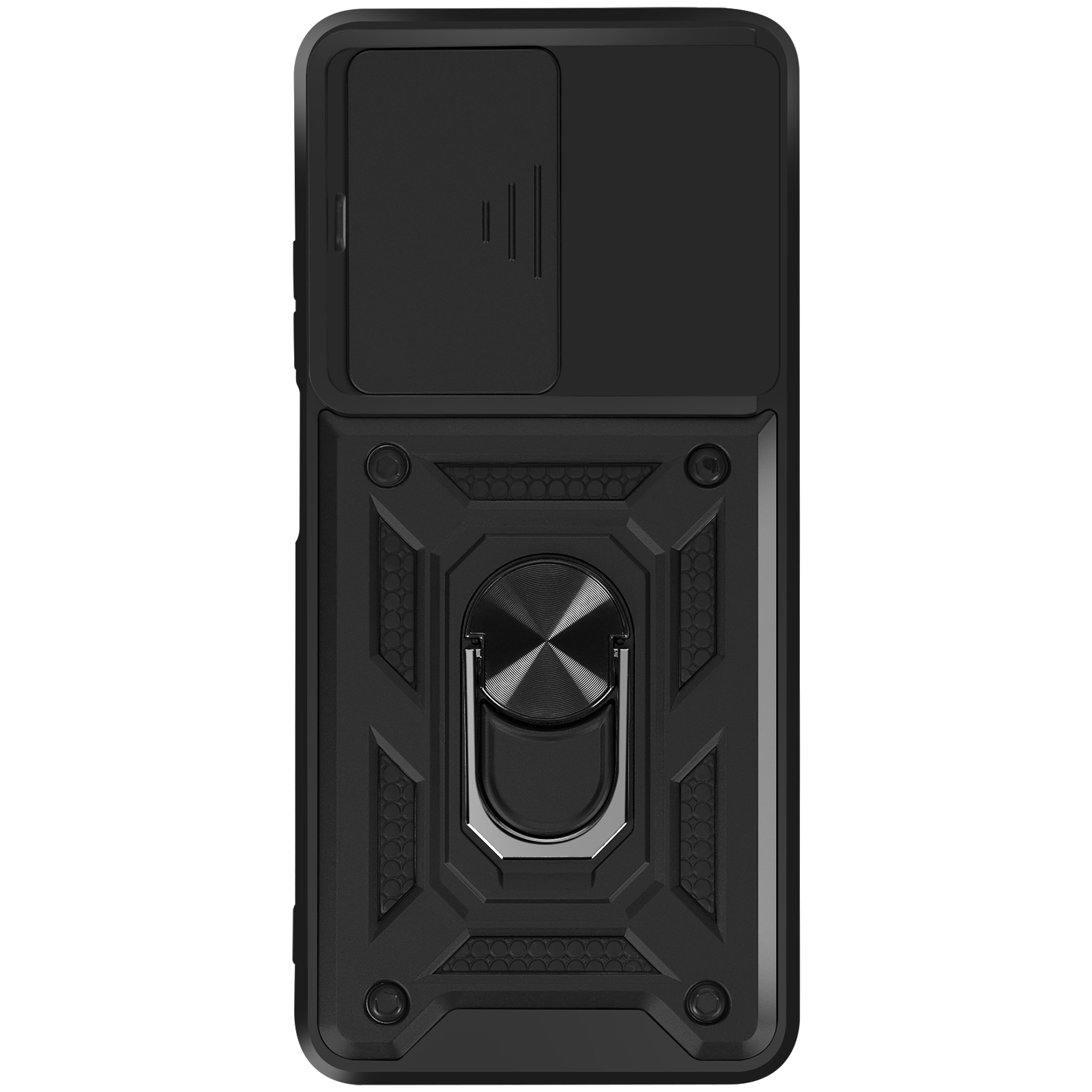Custodia nera per telefono con copertura per fotocamera, supporto ad anello e design strutturato su sfondo bianco.