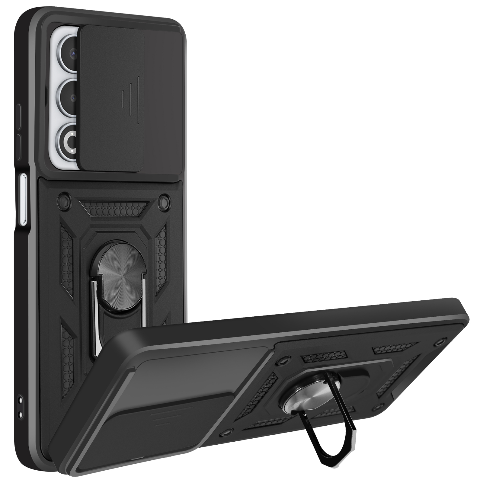 Custodia nera per telefono con copertura fotocamera e supporto ad anello. La custodia è aperta, mostrando il retro.