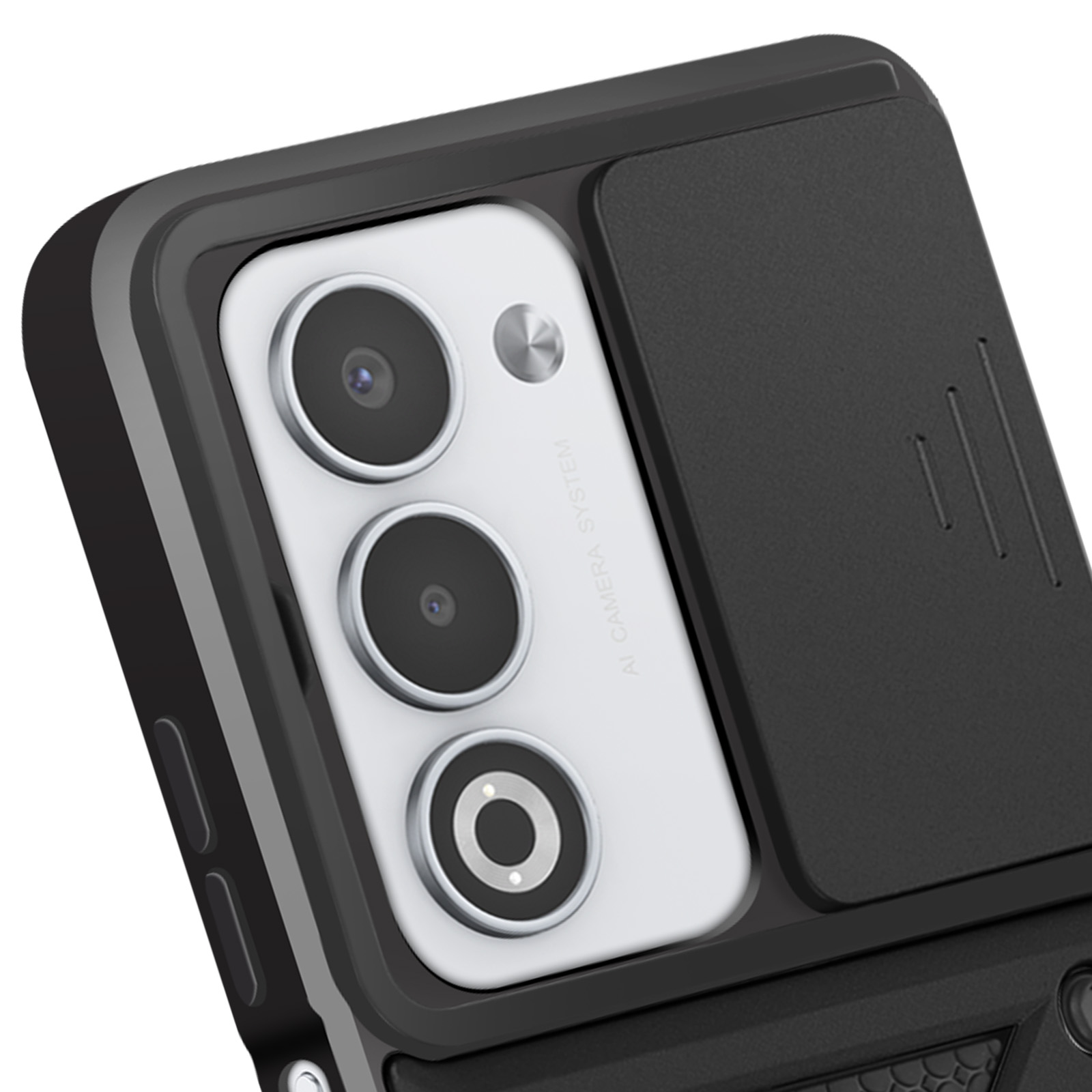 Primo piano di una custodia per telefono con ritagli per fotocamera e copertura scorrevole. Sono visibili i colori nero e argento.