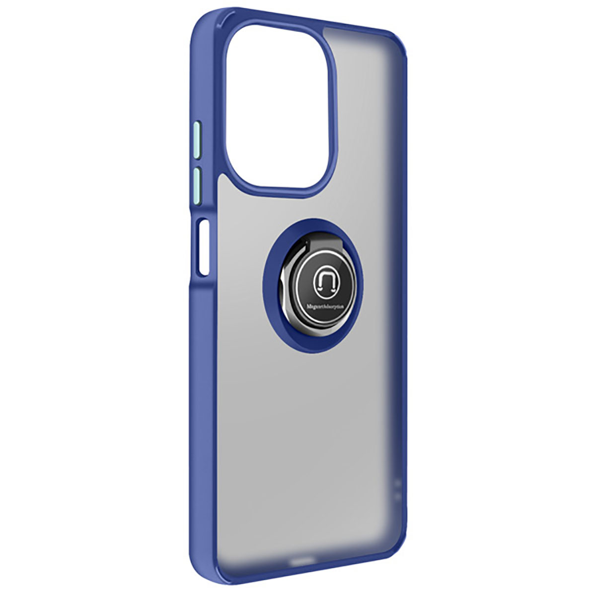 Een blauwe telefoonhoes met een doorzichtige achterkant en een zilveren ringhouder. De ring heeft een cirkelvormig ontwerp en de merknaam.