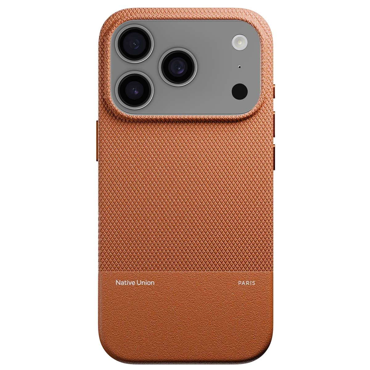 Een oranje iPhone-hoesje met drie cameralenzen, een flitser en de woorden 'Native Union' en 'PARIS'.