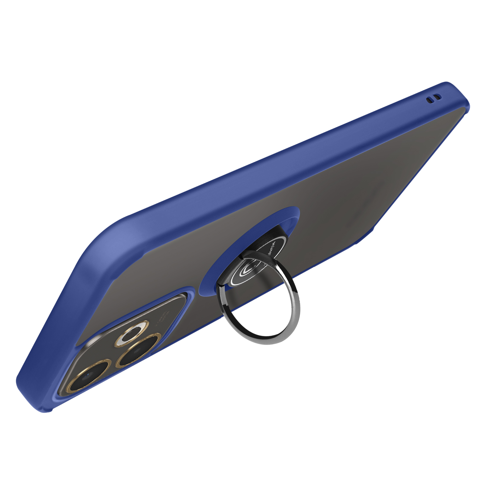 Een blauwe telefoonhoes met een zilveren ring op een witte achtergrond. De telefoon heeft een camerabult.