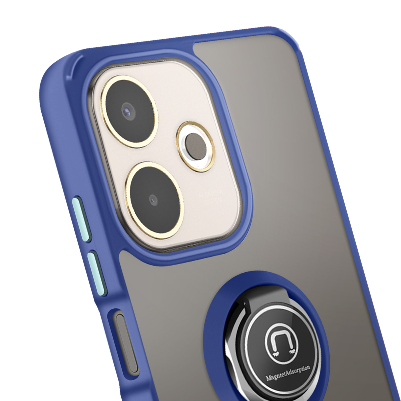 Een blauwe telefoonhoes met zilveren ringstandaard en cameralenzen tegen een witte achtergrond.