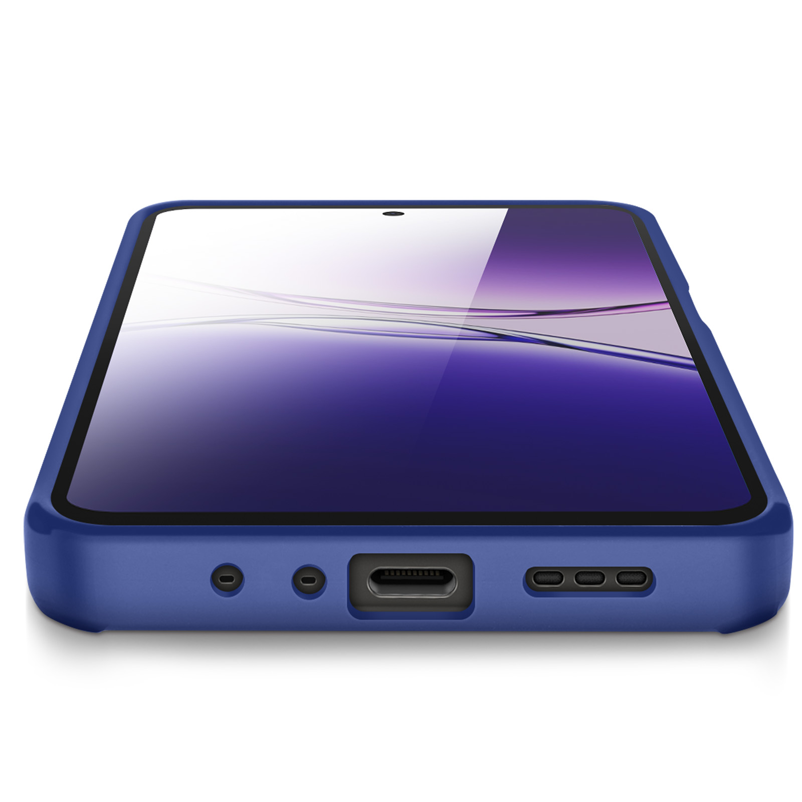 Een blauwe telefoonhoes met een telefoon erin. Het scherm toont een paars ontwerp. De hoes ligt op een wit oppervlak.