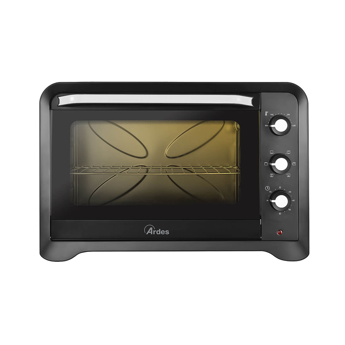 Czarny piekarnik ze szklanymi drzwiami, elementami sterującymi po prawej stronie i marką 'Ardes' na dole. W środku jest ruszt.