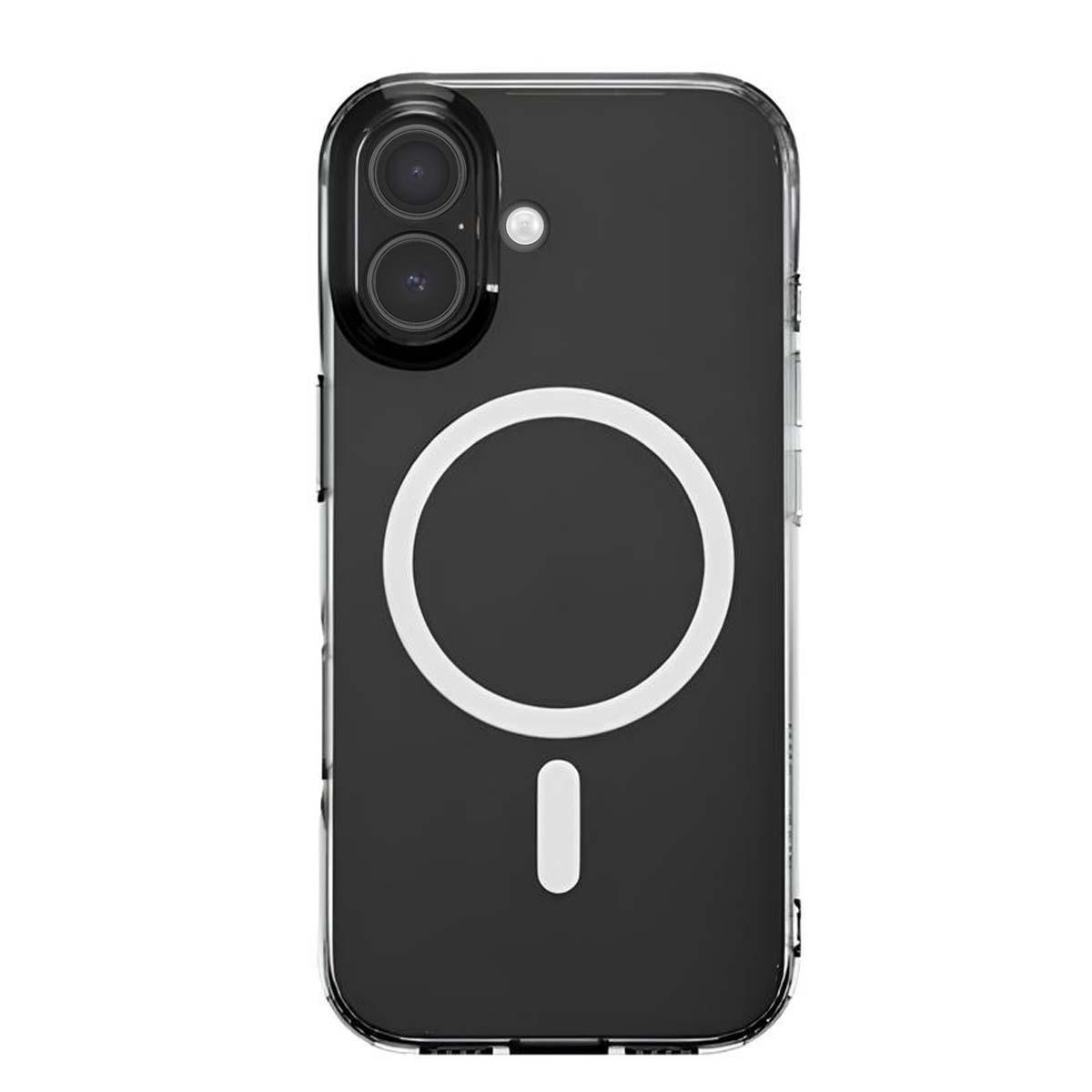 Una custodia trasparente per telefono con retro nero, un cerchio bianco e un segno meno. Ha doppie fotocamere e flash.