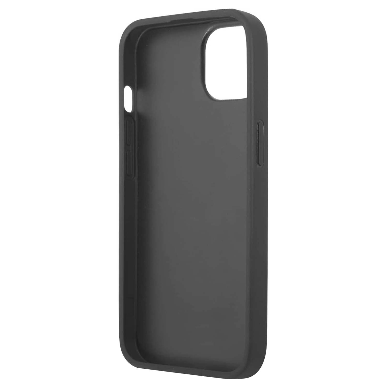 Una custodia per telefono grigio scuro, con fori per fotocamera e pulsanti, su sfondo bianco.