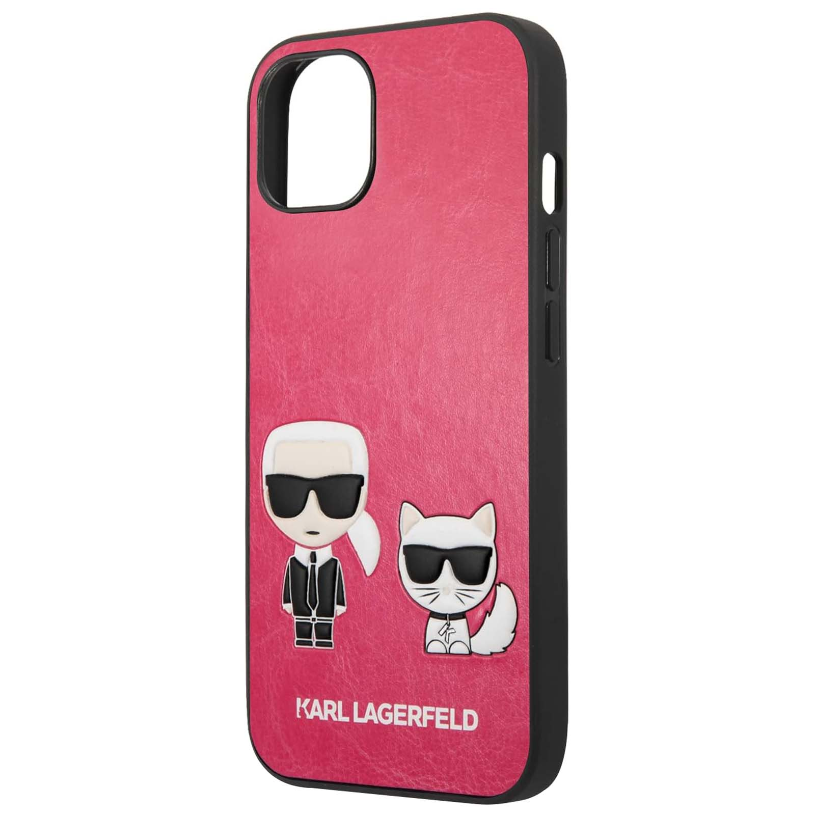 Custodia rosa per telefono con design Karl Lagerfeld, con un personaggio e un gatto, entrambi con occhiali da sole.