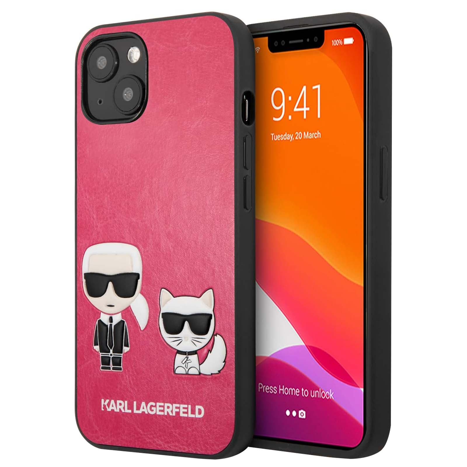 Un telefono in una custodia Karl Lagerfeld. La custodia è rosa con due personaggi dei cartoni animati. Lo schermo mostra l'ora e la data.