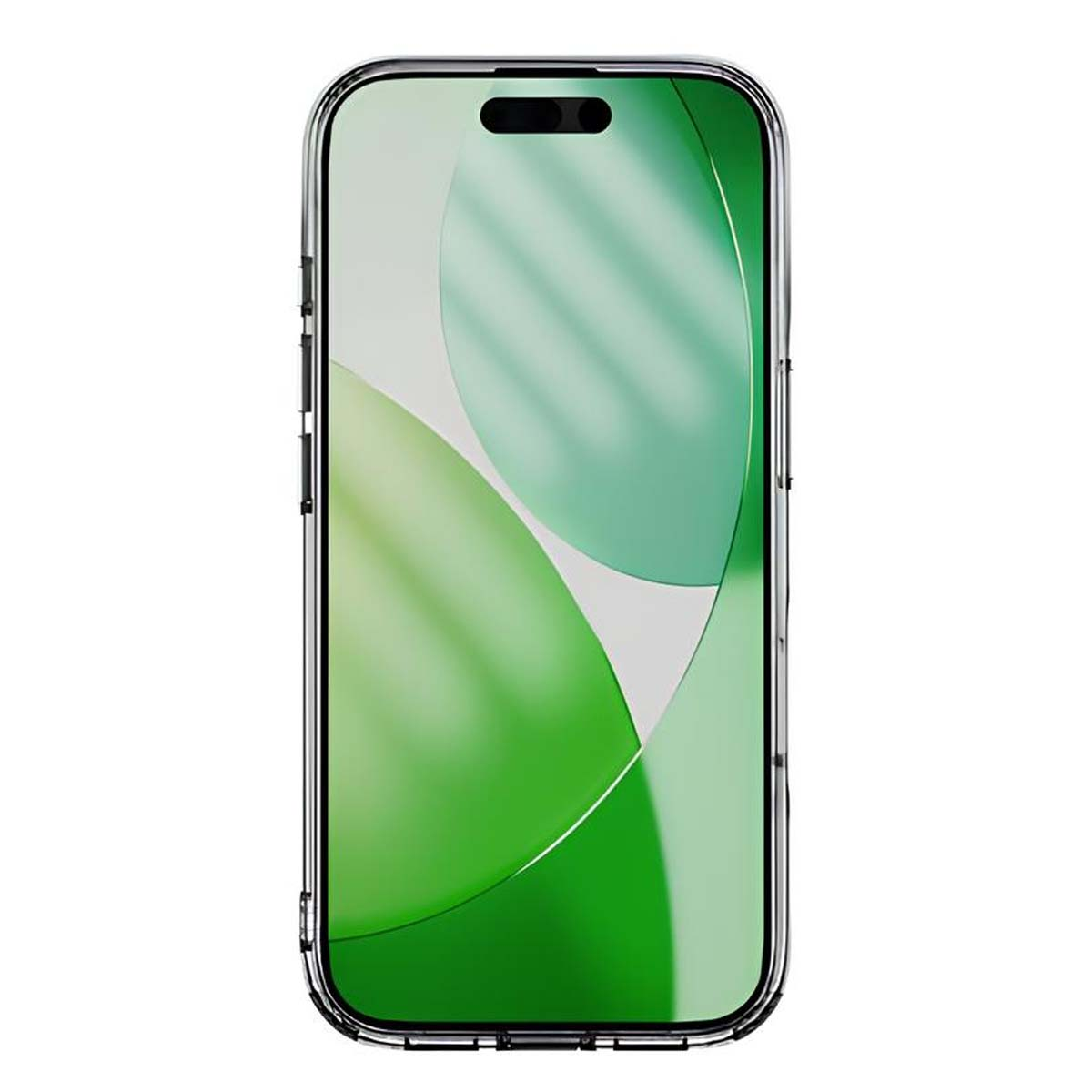 Uno smartphone in una custodia trasparente. Lo schermo mostra forme astratte verdi e bianche. La custodia ha pulsanti neri.