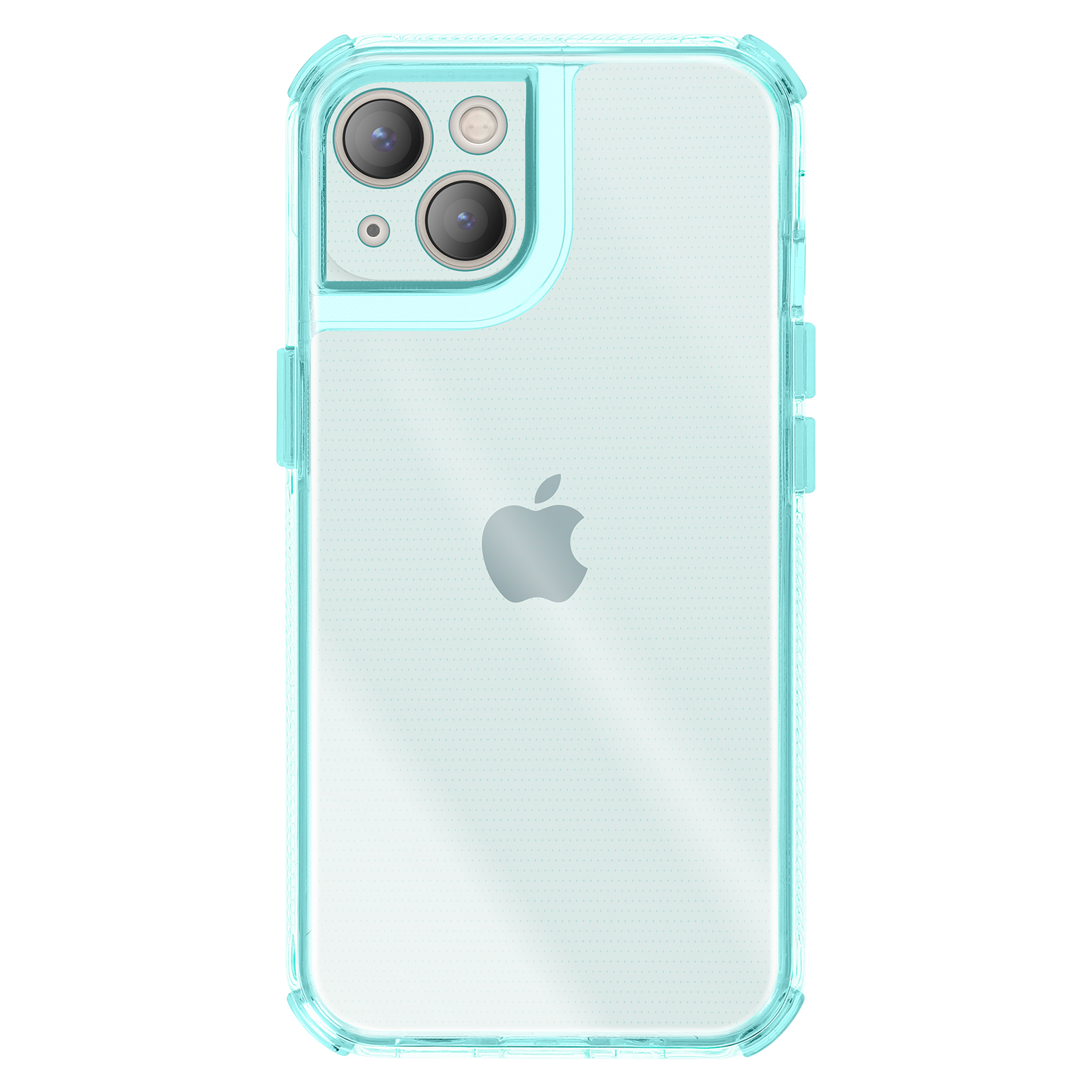 Un iPhone in una custodia protettiva azzurra. La custodia ha un retro trasparente e una cornice blu. Logo Apple visibile.
