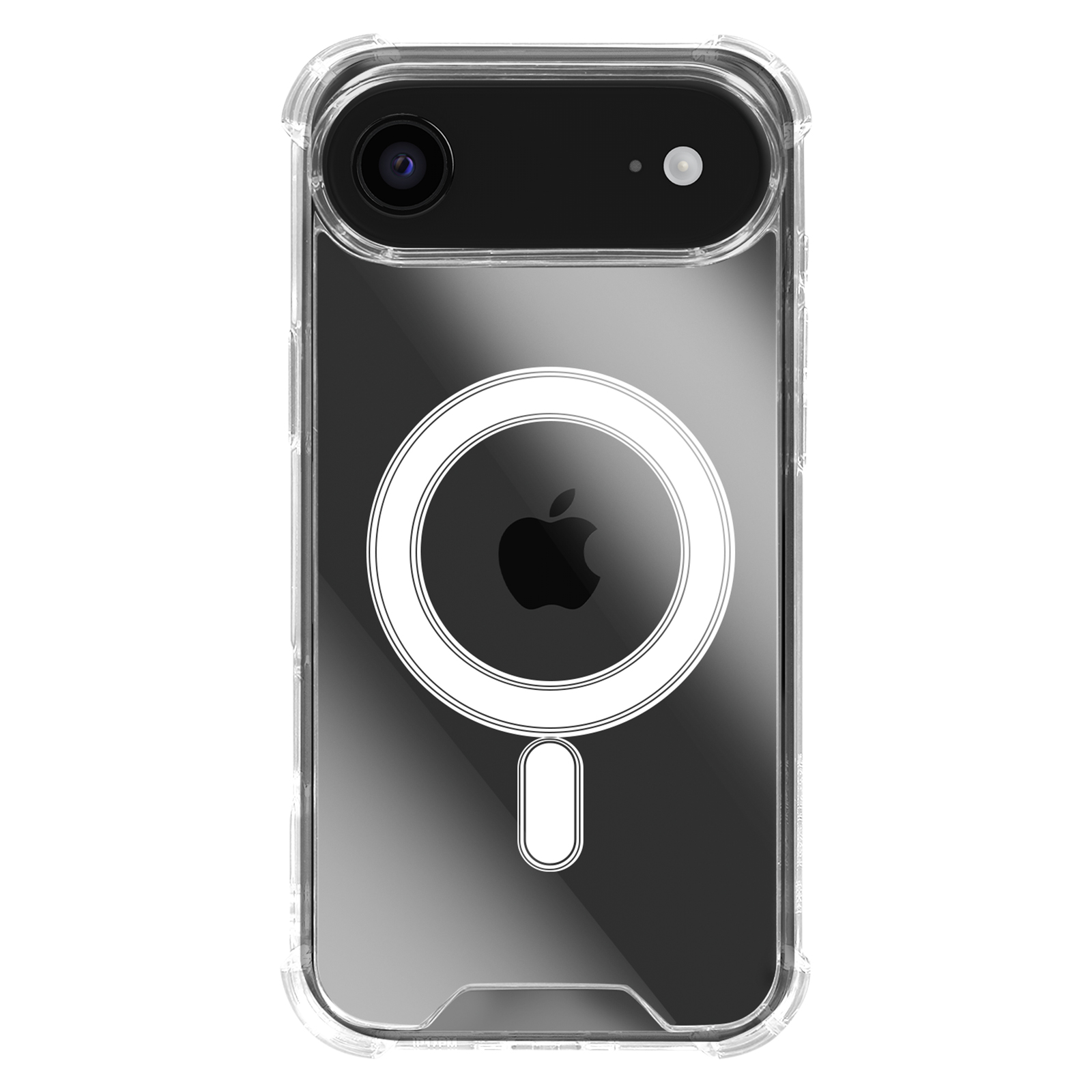 Custodia trasparente con telefono nero. Anello bianco con logo Apple e linea bianca in basso.