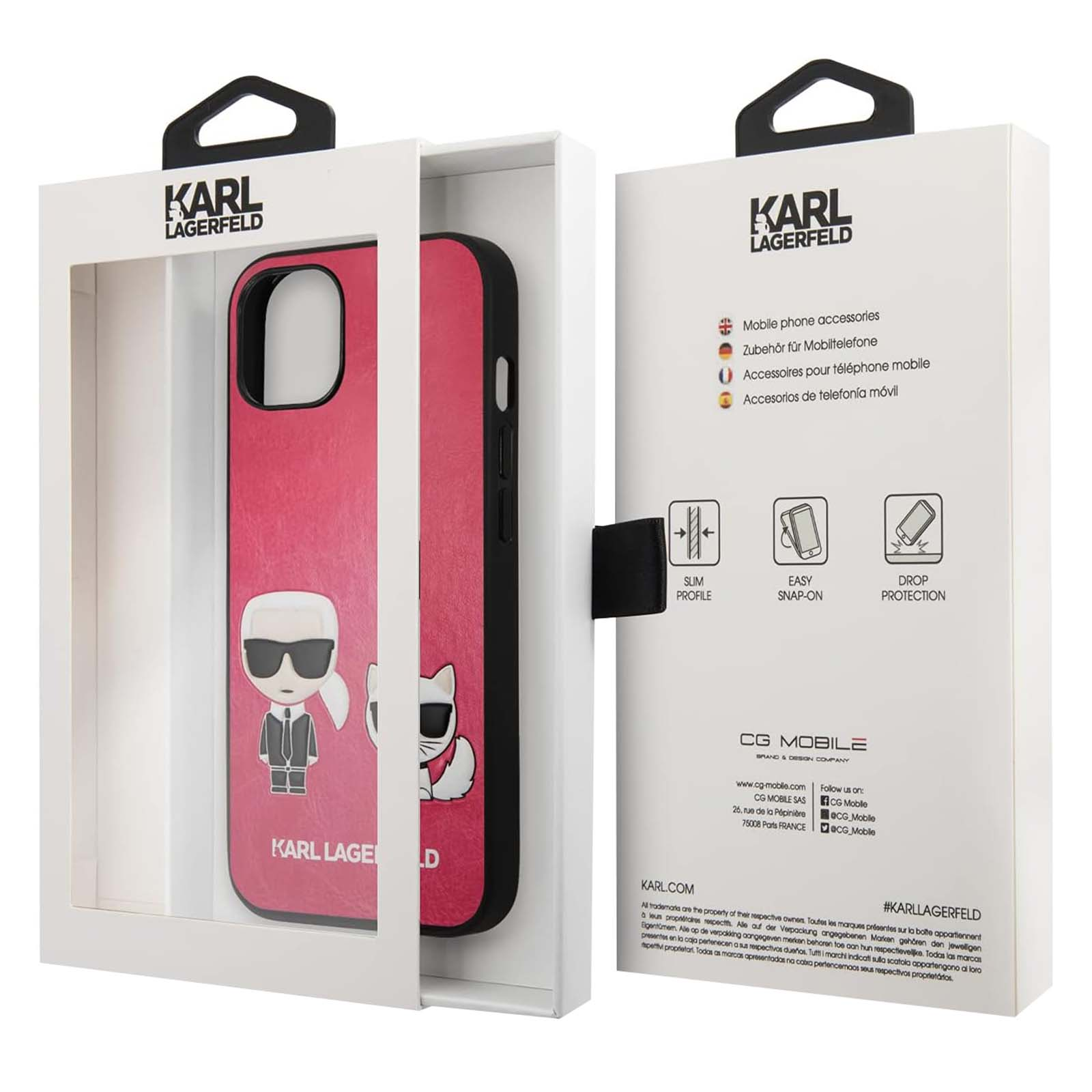 Una custodia per telefono in una scatola. È rosa con un design di Karl Lagerfeld. La scatola è bianca con testo e loghi.