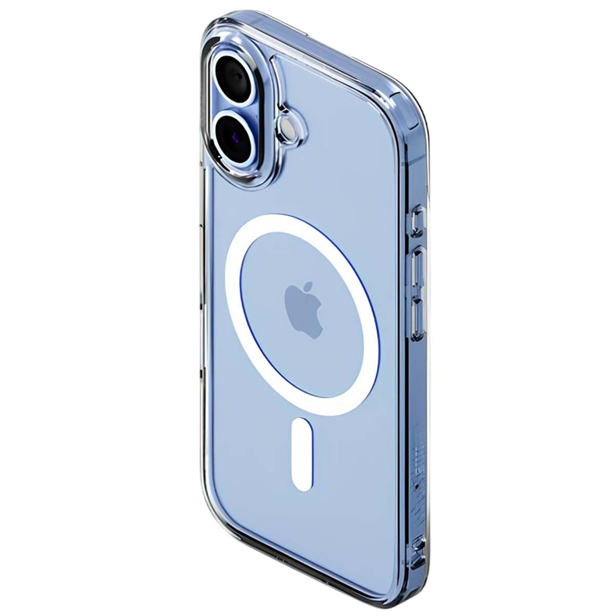 Custodia trasparente per iPhone con una sfumatura blu. Presenta un anello MagSafe bianco e il logo Apple. Mostra fotocamera e pulsanti laterali.