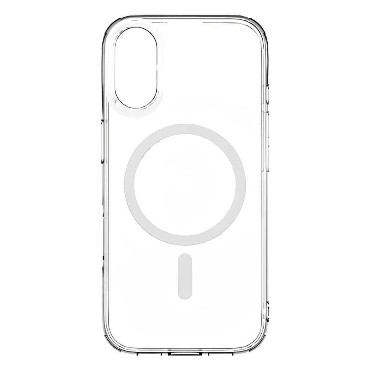 Custodia trasparente per telefono con cerchio MagSafe e rettangolo allungato. La custodia è trasparente, mostrando il design del telefono.