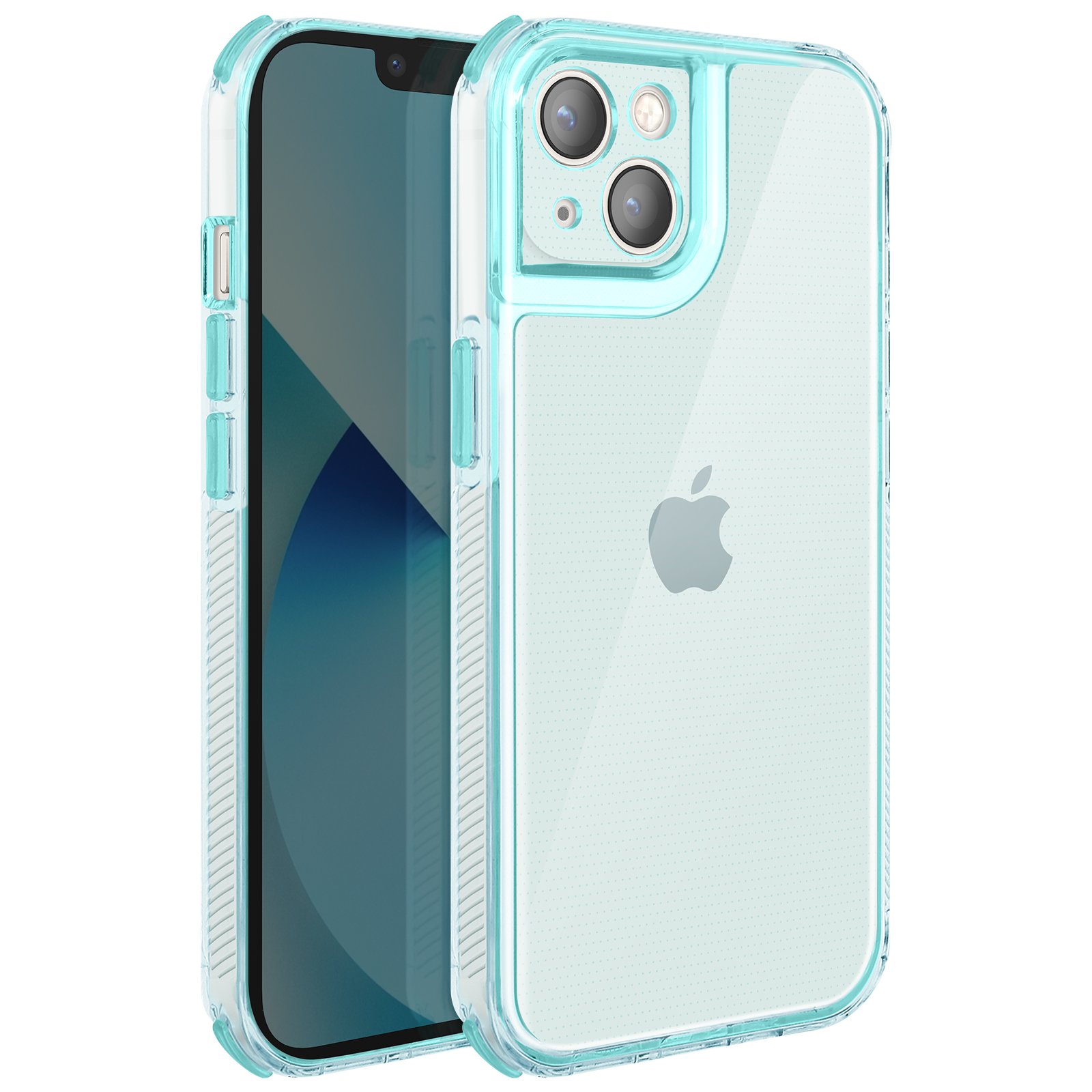 Una custodia trasparente, con bordi azzurri, è su un iPhone. Il logo Apple è visibile. Il telefono è a fuoco.