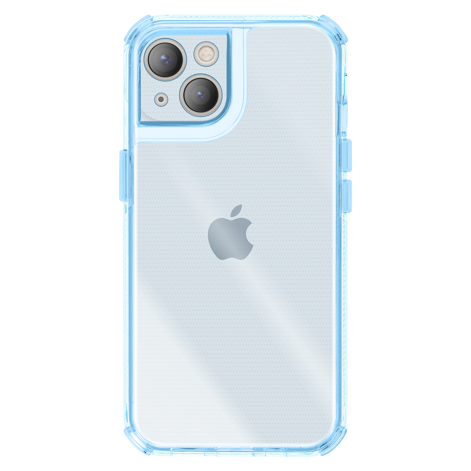 Transparente iPhone-Hülle mit hellblauem Stoßfänger. Das Telefon hat drei Kameralinsen. In der Mitte befindet sich ein Apple-Logo.
