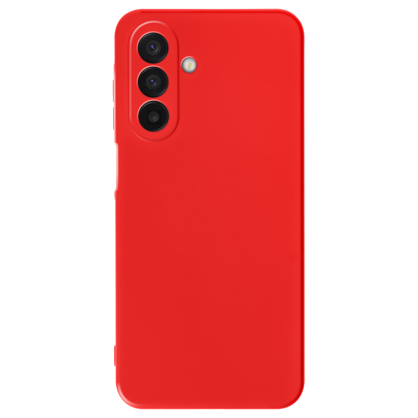 Une coque de téléphone rouge avec trois lentilles d'appareil photo et un flash. La coque couvre l'arrière du téléphone.