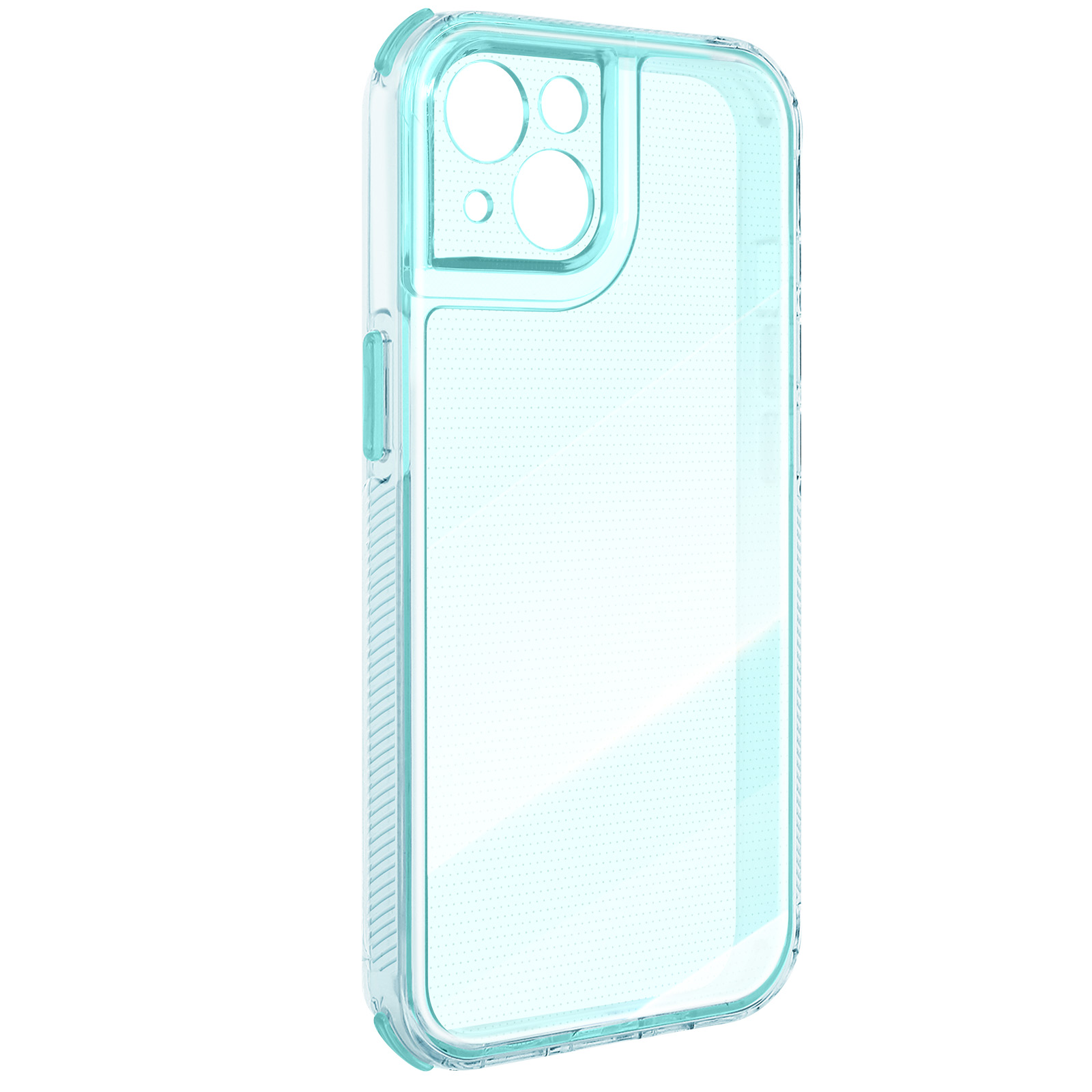 Una custodia per telefono trasparente blu chiaro. Ha fori per la fotocamera e i pulsanti. Lo sfondo è bianco.