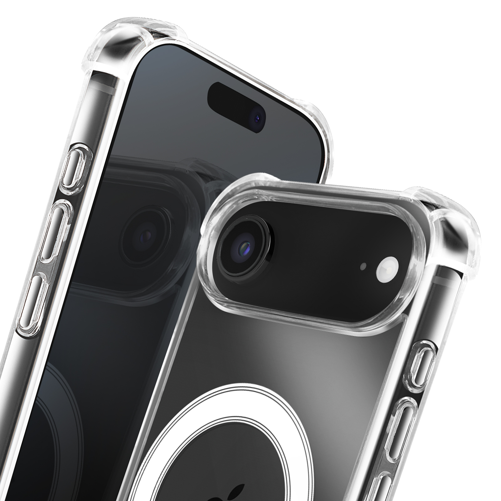 Due custodie trasparenti per telefono su sfondo bianco. Una custodia è davanti, mostrando la fotocamera e un anello bianco.