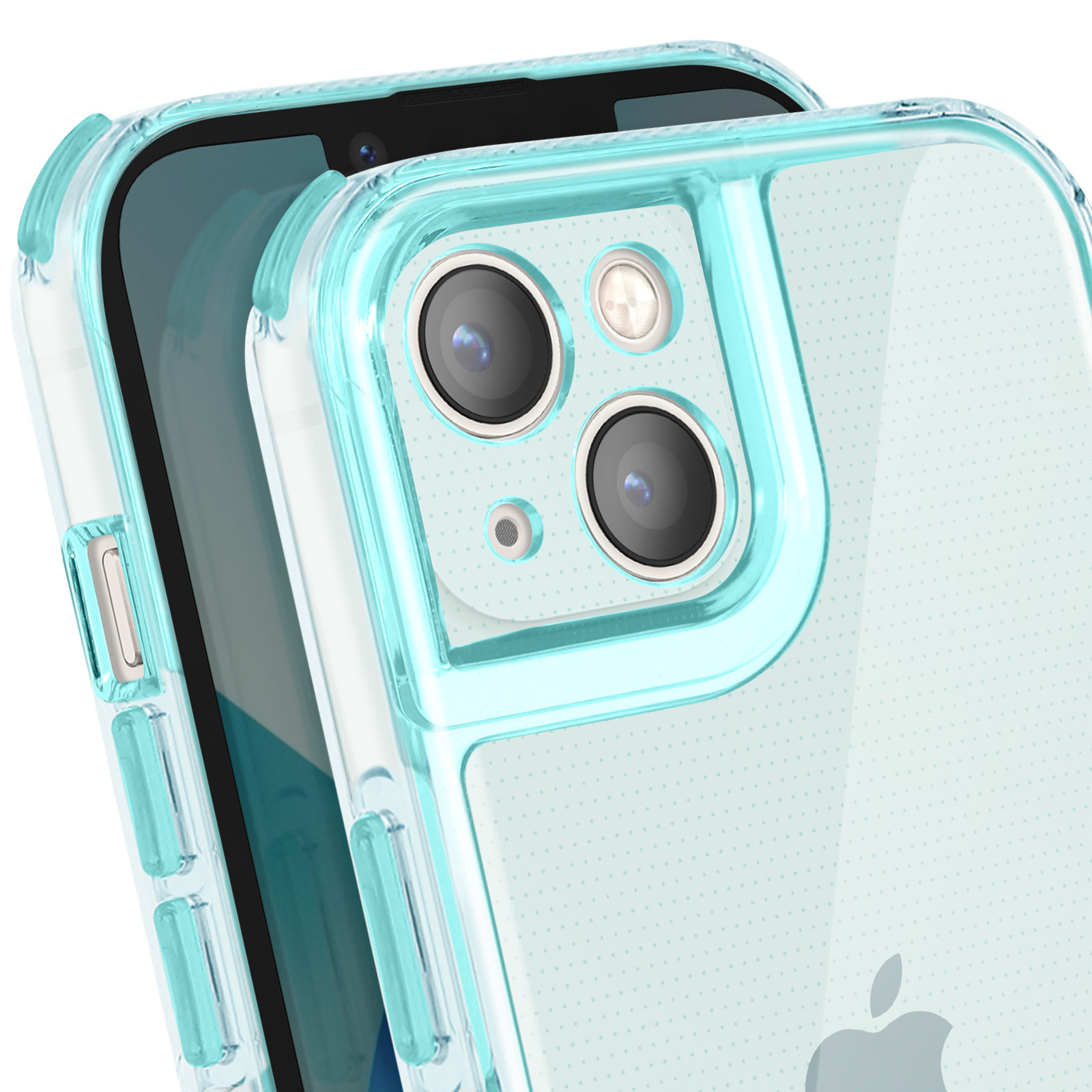Primo piano di un telefono in una custodia trasparente turchese. La custodia protegge le lenti della fotocamera. Il logo Apple è visibile.