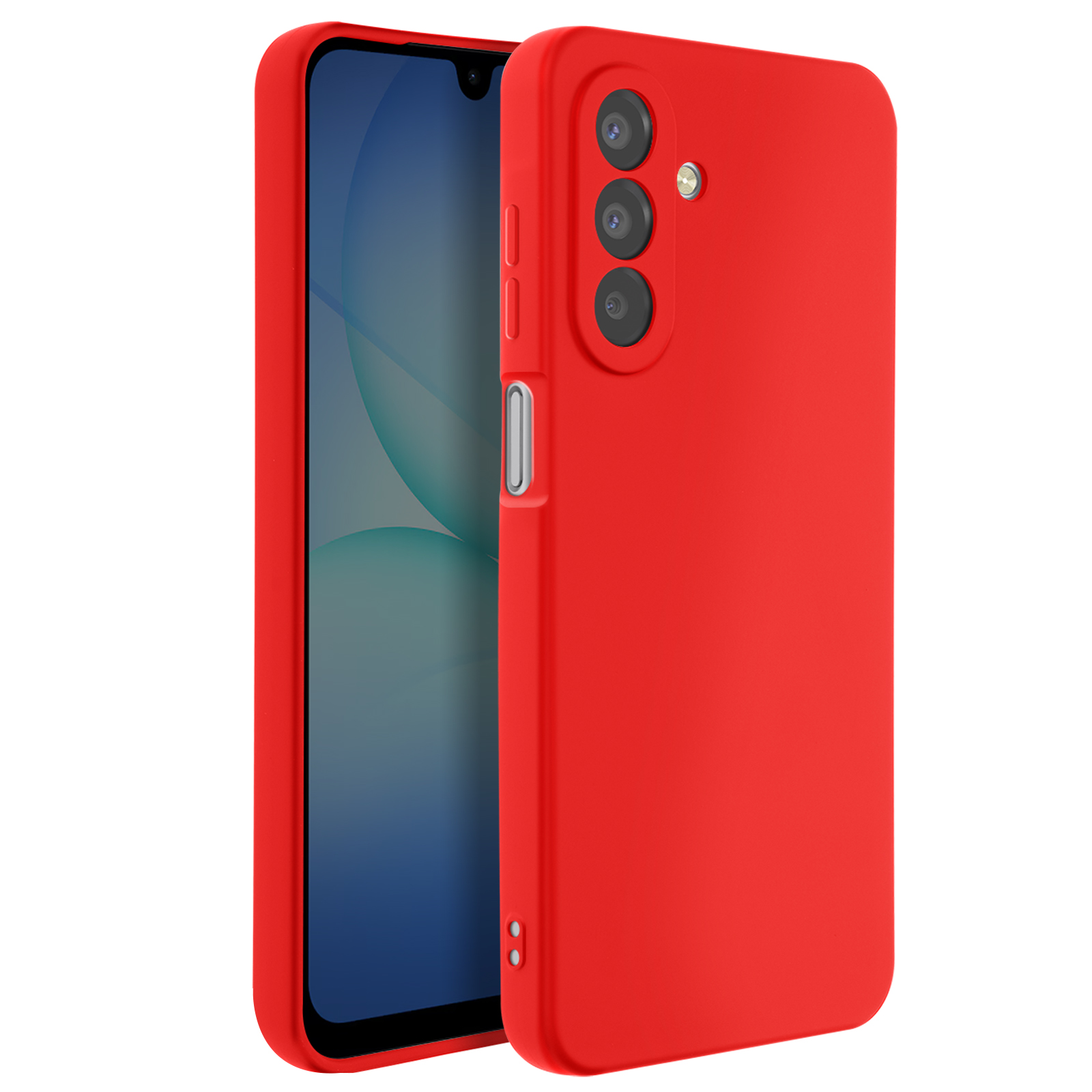Un téléphone rouge dans un étui rouge. Le téléphone a un écran et plusieurs caméras.