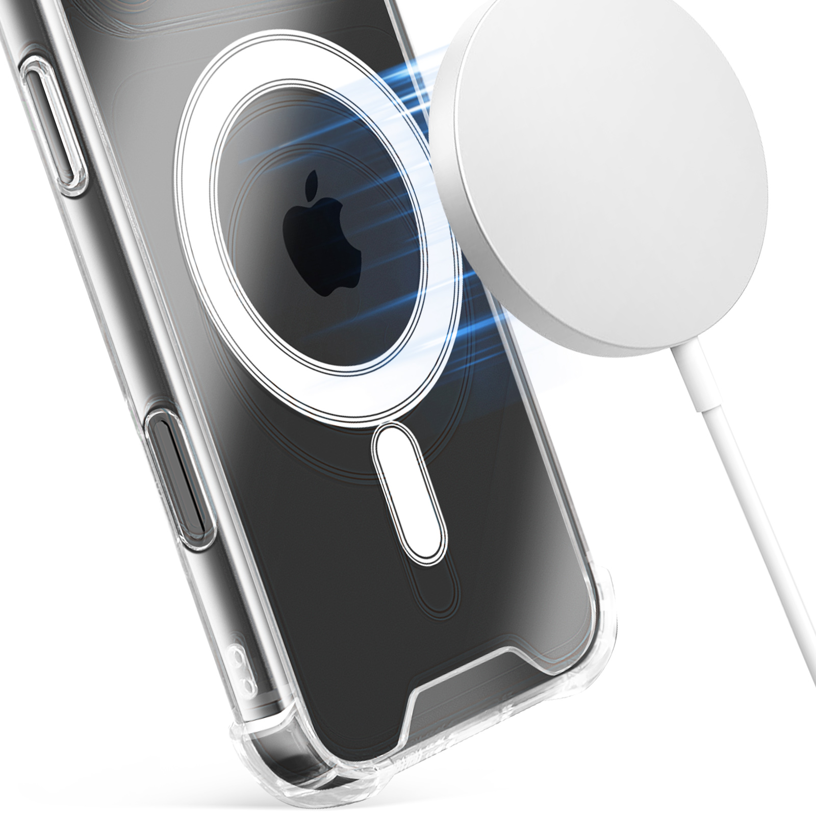 Una custodia trasparente per telefono con logo Apple, caricabatterie magnetico collegato. La custodia trasparente mostra il retro.