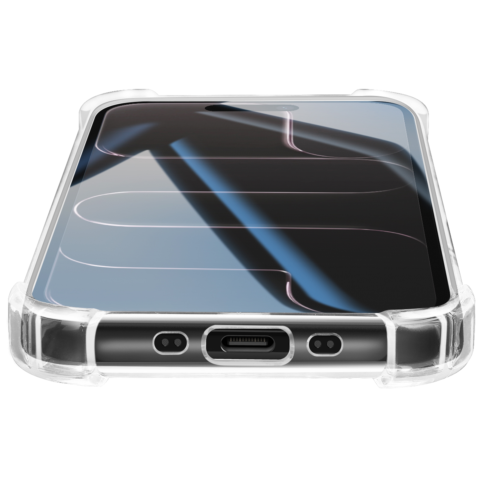 Una custodia trasparente protegge uno smartphone. Lo schermo riflette la luce e la custodia ha ritagli per le porte.