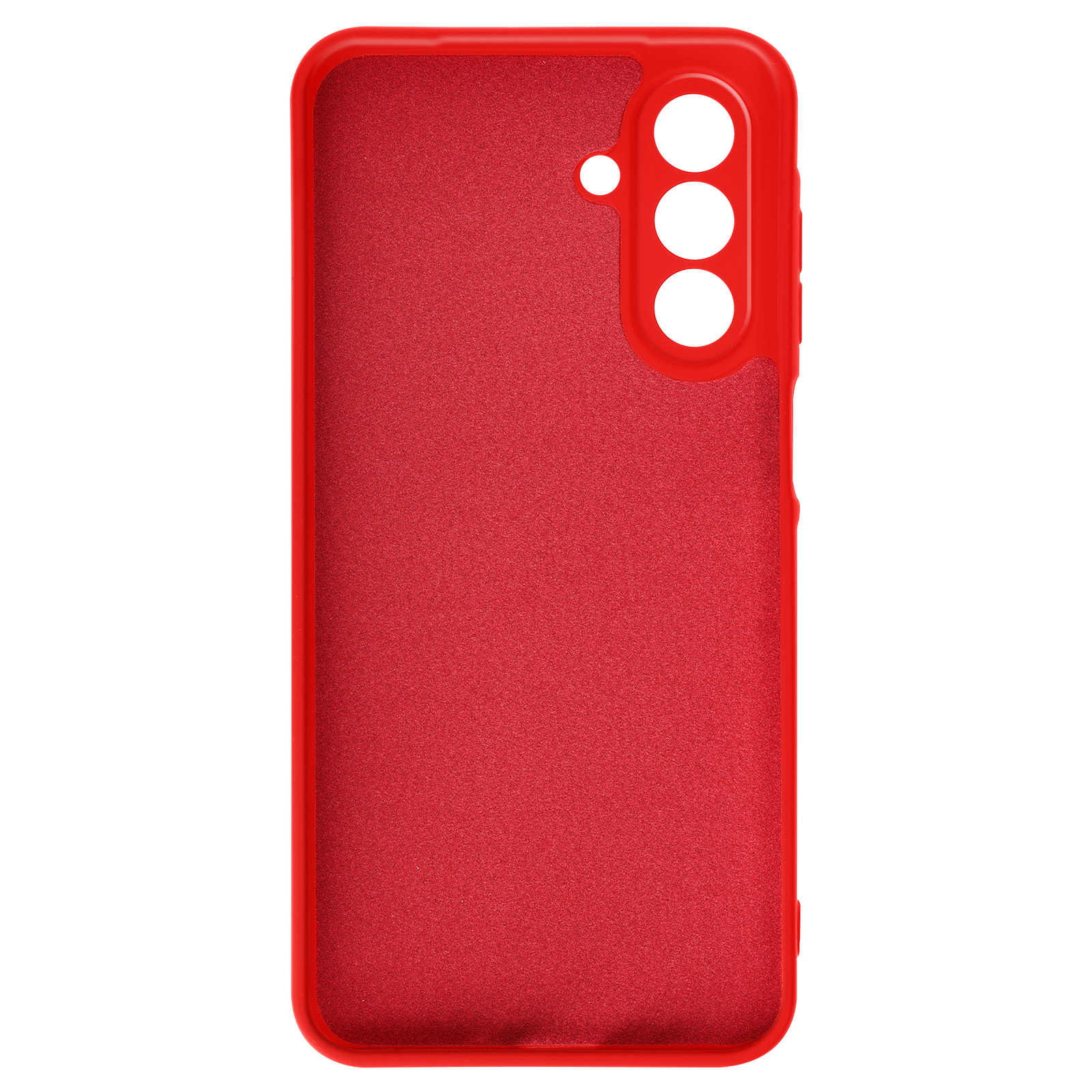 Une coque de téléphone rouge avec une surface texturée et des découpes pour l'appareil photo. Le fond est blanc uni.