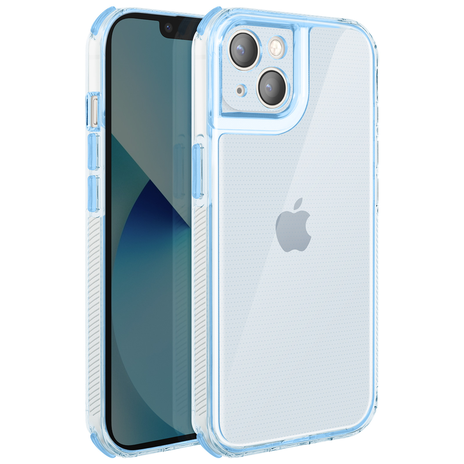 Transparente Handyhülle mit hellblauen Zierleisten und Knöpfen, die ein Telefon hält. Apple-Logo sichtbar.