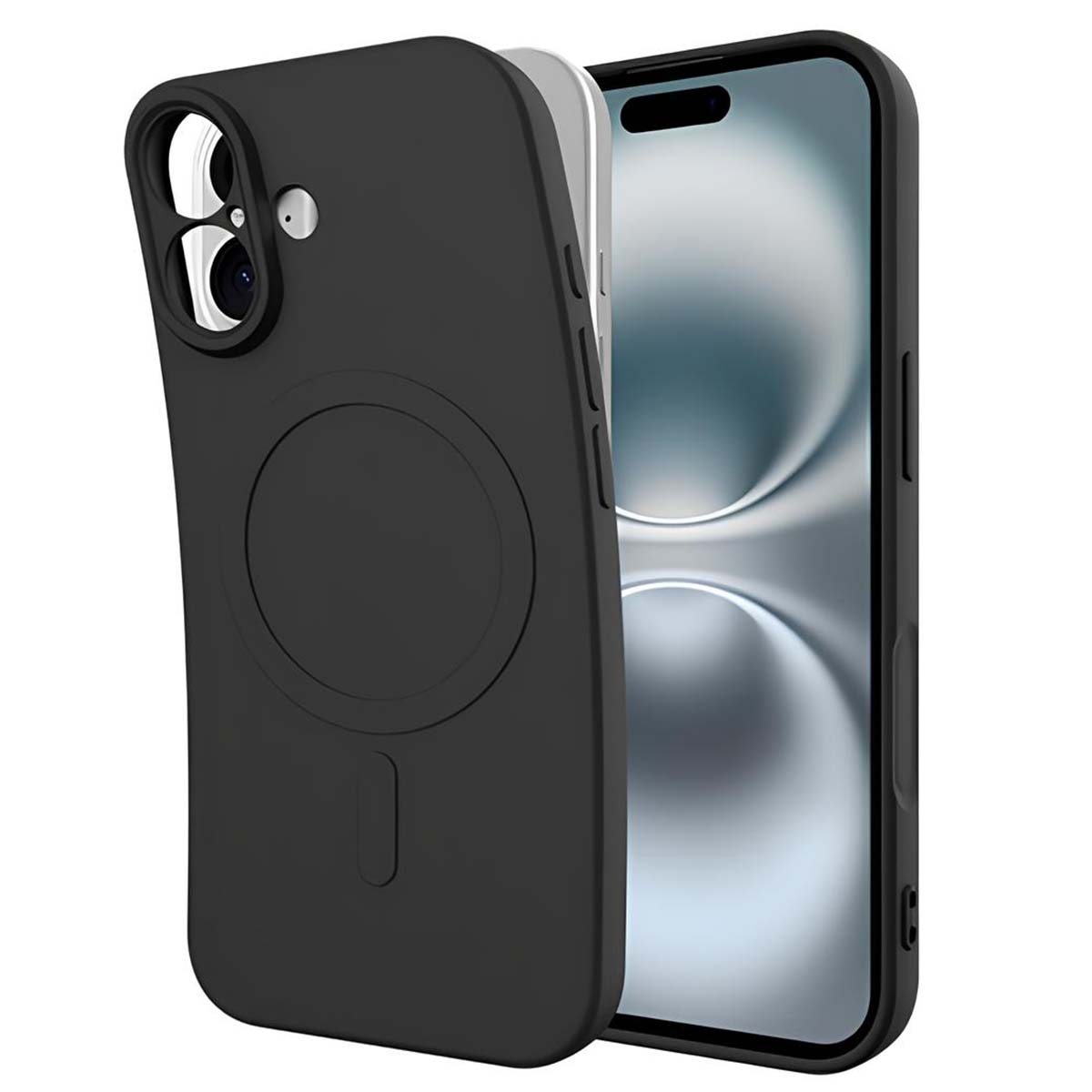 Custodia nera per telefono con cerchio e fessura. Schermo del telefono visibile. La custodia è su sfondo bianco.
