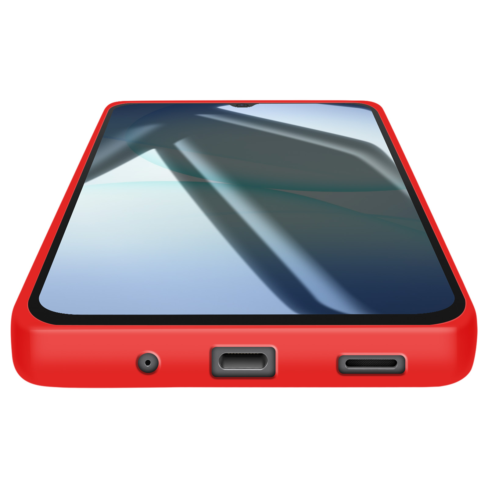 Un smartphone rouge posé sur une surface blanche. L'écran reflète la lumière et a des ports en bas.
