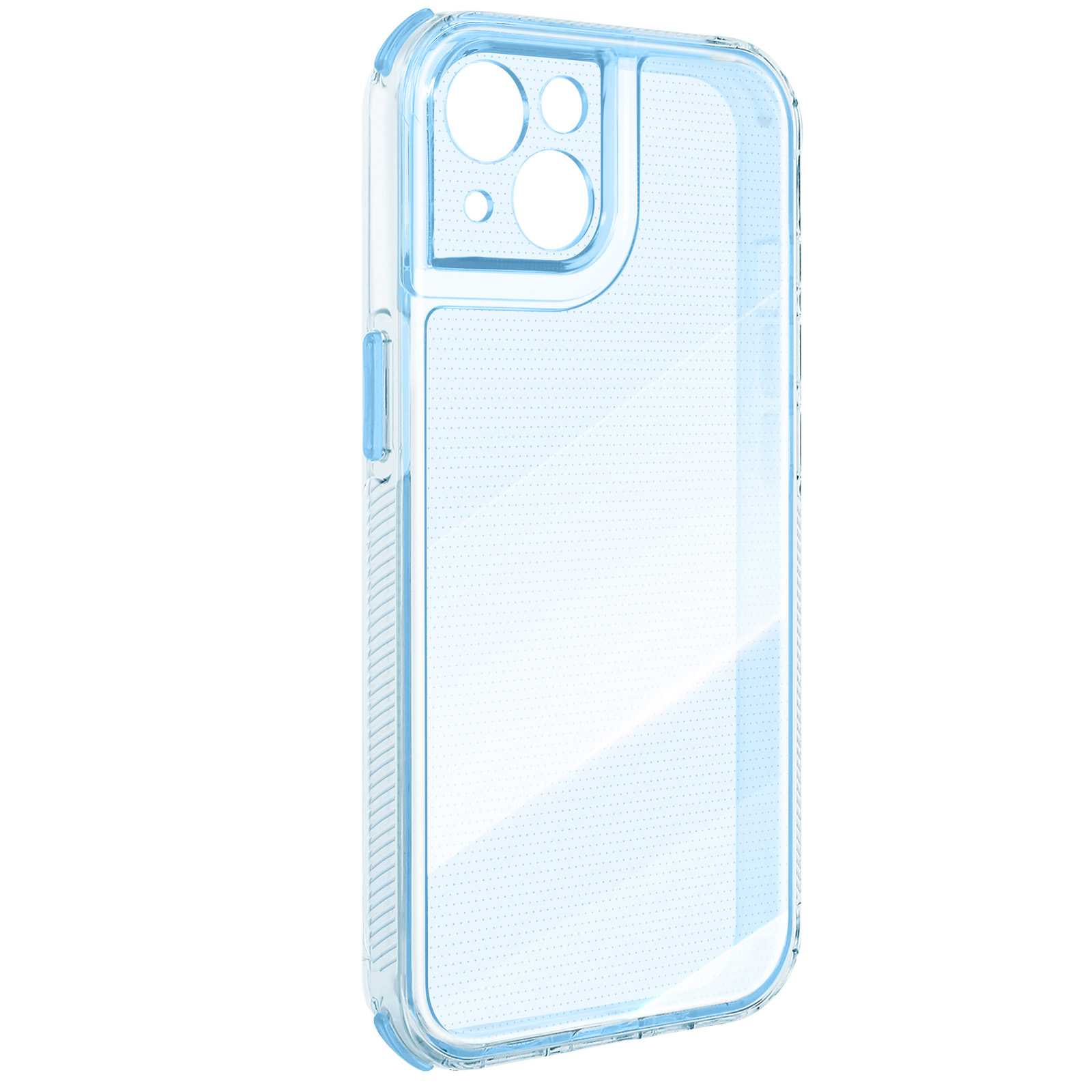 Eine transparente, hellblaue Handyhülle. Sie hat Öffnungen für Kamera und Knöpfe.