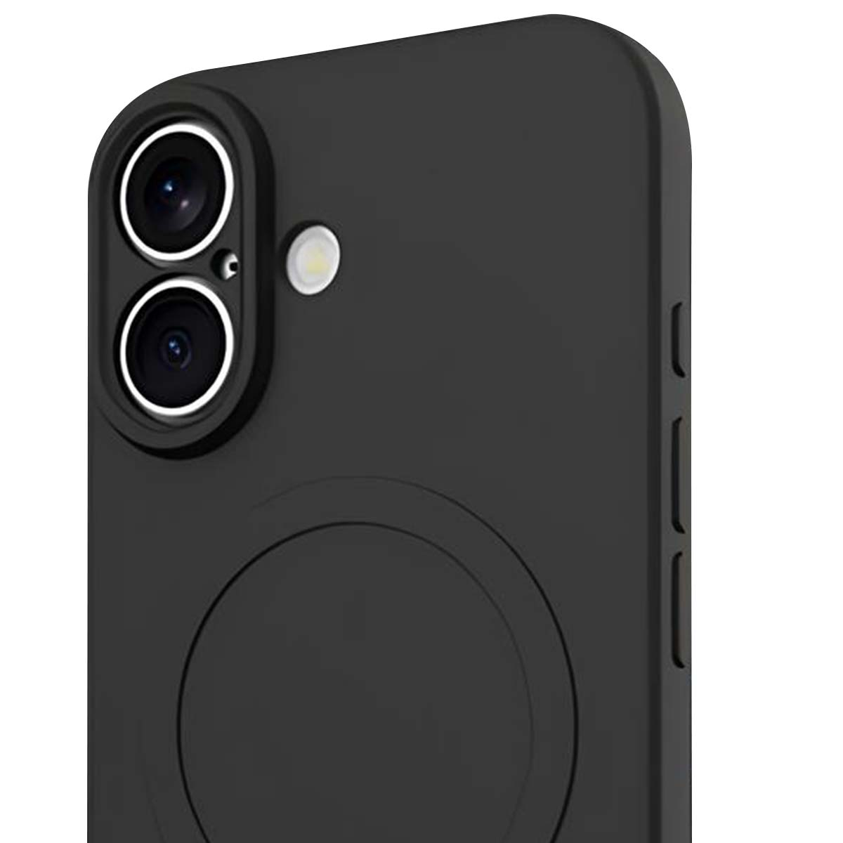 Primo piano di una custodia nera per telefono. Sono visibili due obiettivi della fotocamera, un flash e un bordo arrotondato con pulsanti. La custodia ha una finitura opaca.