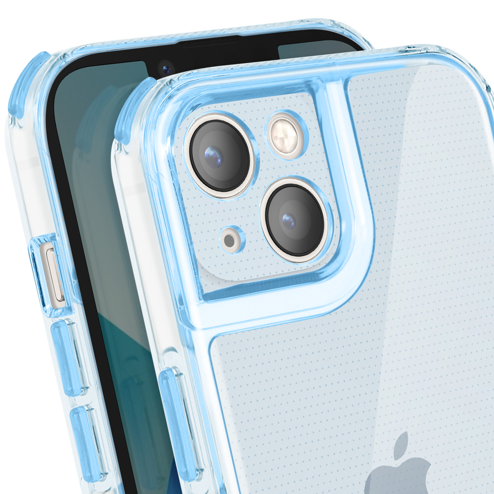 Nahaufnahme eines Telefons in einer transparenten blauen Hülle. Die Hülle hebt die Kameralinsen und das Design des Telefons hervor.