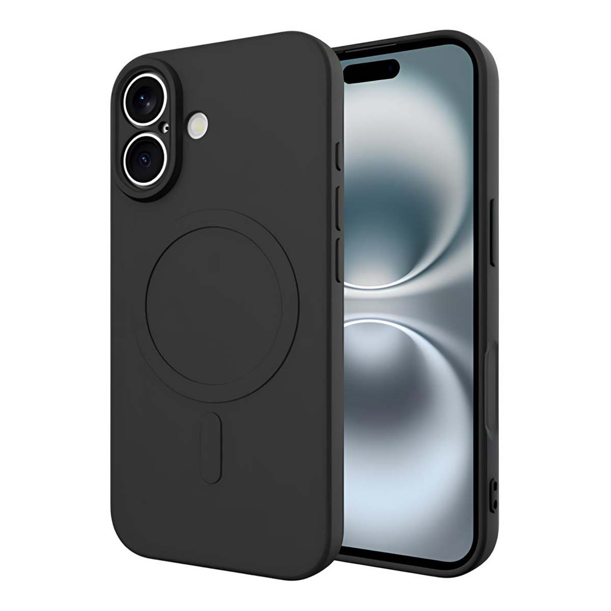 Custodia e telefono neri. La custodia ha un dettaglio circolare e ritagli per la fotocamera. Lo schermo del telefono mostra un'immagine sfocata.