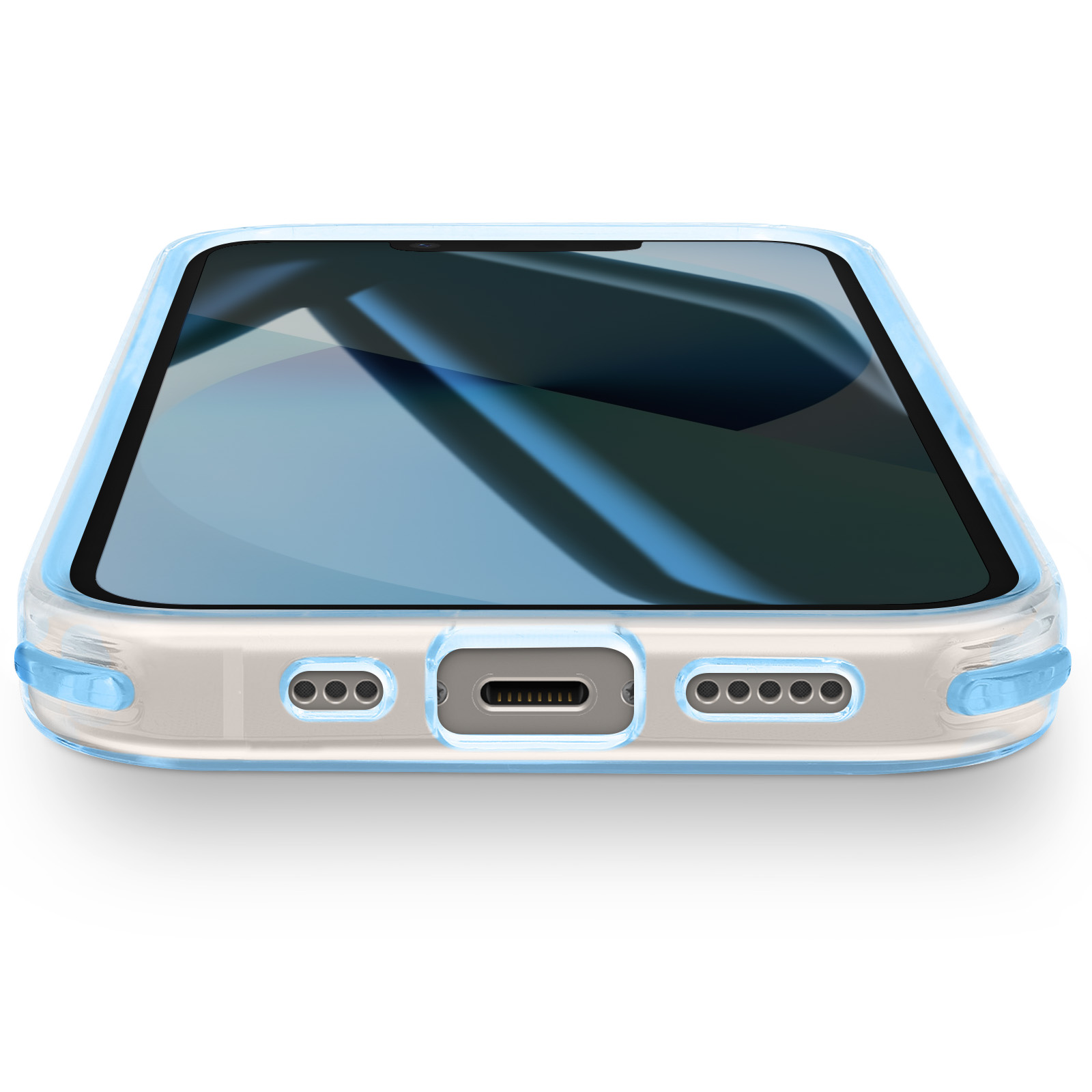 Ein Telefon in einer durchsichtigen Hülle mit blauem Rand. Der Bildschirm ist sichtbar und der Hintergrund ist weiß.