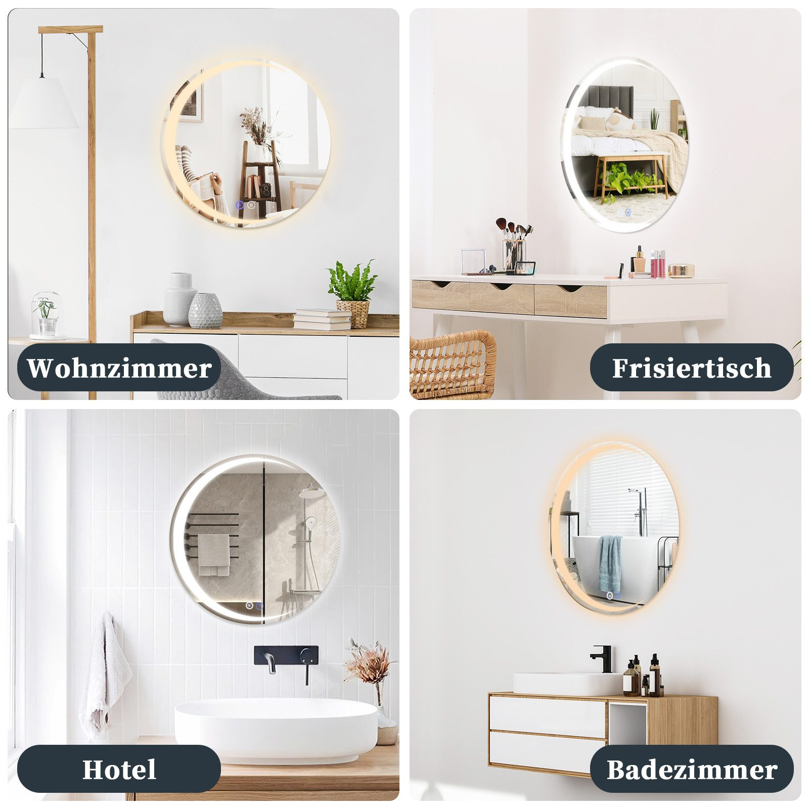 Vier Bilder von Räumen mit runden, beleuchteten Spiegeln. Jeder Spiegel befindet sich in einem anderen Raum: Wohnzimmer, Frisiertisch, Hotelbad und Badezimmer.