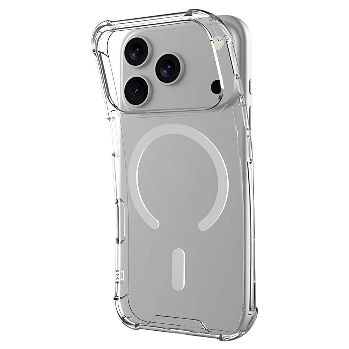 Custodia trasparente per iPhone con tre obiettivi della fotocamera visibili. La custodia ha un cerchio MagSafe e una linea verticale.