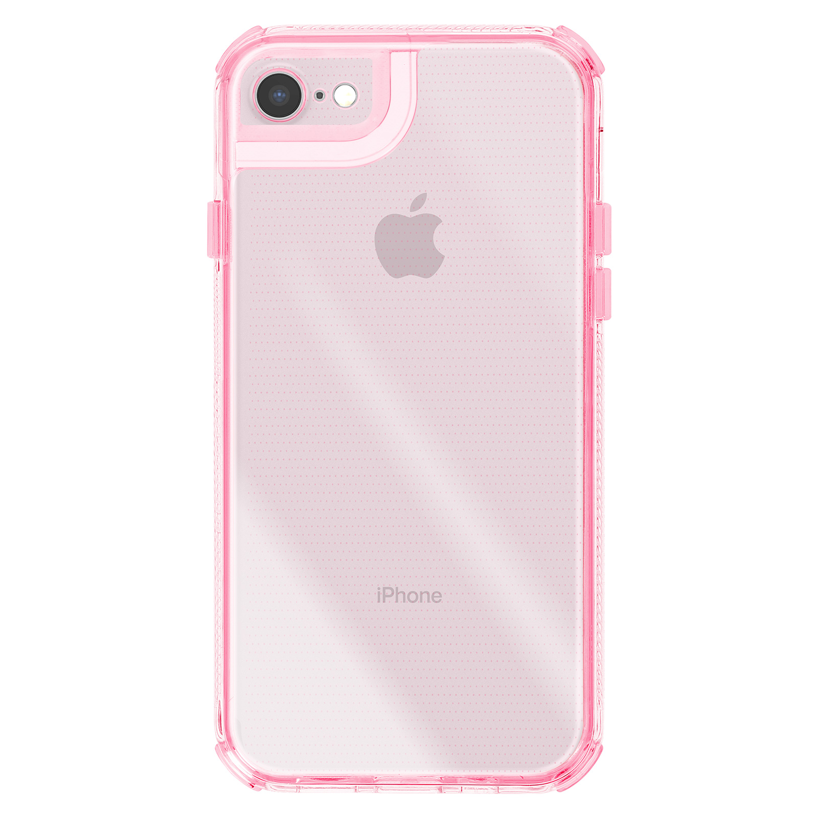 Rosa iPhone in einer transparenten Hülle. Apple-Logo sichtbar. Kamera oben. iPhone-Etikett unten.